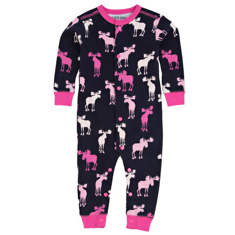 Pink And Navy Moose Baby Girl Sleepy Romper