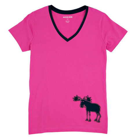 Pink And Navy Moose Womens Pajama T-Shirt