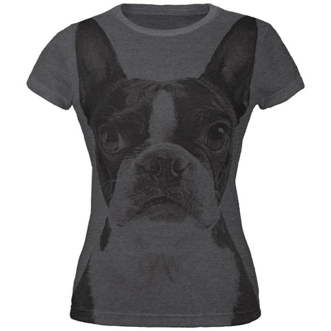 Boston Terrier Vintage All Over Dark Heather Juniors Soft T-Shirt