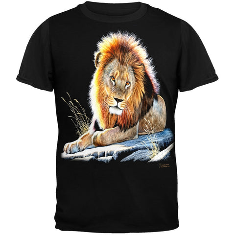 Lion On A Rock Adult Black Back T-Shirt
