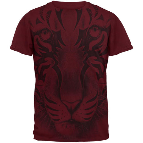 Tribal Tiger Ghost All Over Maroon Adult T-Shirt