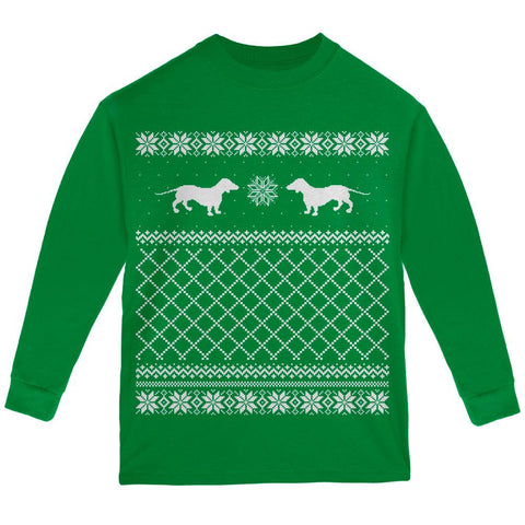 Dachshund Ugly Christmas Sweater Green Youth Long Sleeve T-Shirt