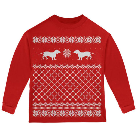 Dachshund Ugly Christmas Sweater Red Toddler Long Sleeve T-Shirt