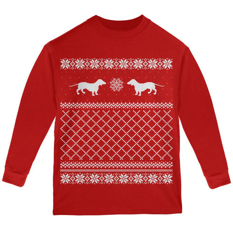 Dachshund Ugly Christmas Sweater Red Youth Long Sleeve T-Shirt