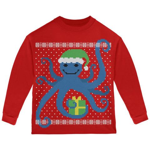 Ugly Christmas Sweater Octopus Red Youth Long Sleeve T-Shirt