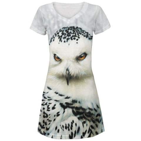 Snowy Owl of Winter All Over Juniors V-Neck Dress