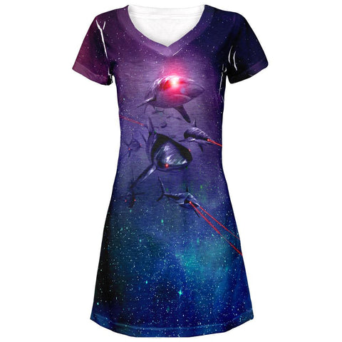 Laser Sharks In Space All Over Juniors V-Neck Dress