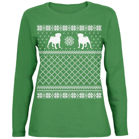 Pug Ugly Christmas Sweater Green Womens Long Sleeve T-Shirt