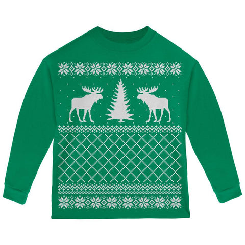 Moose Ugly Christmas Sweater Green Toddler Long Sleeve T-Shirt