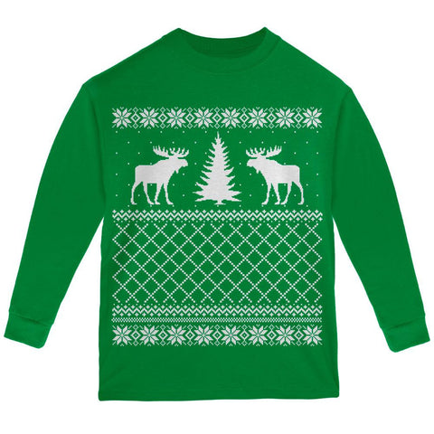 Moose Ugly Christmas Sweater Green Youth Long Sleeve T-Shirt