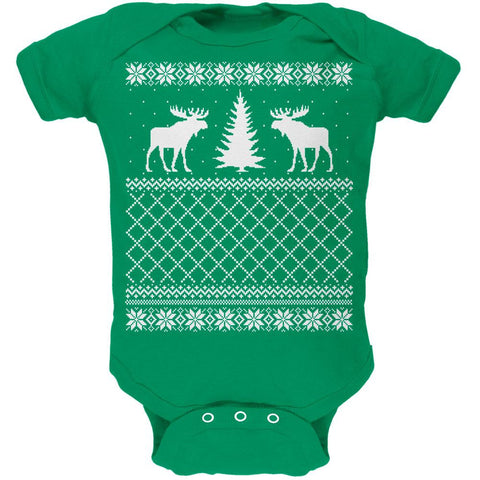 Moose Ugly Christmas Sweater Kelly Green Soft Baby One Piece
