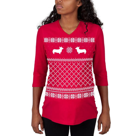 Corgi Ugly Christmas Sweater Red Maternity 3/4 sleeve T-shirt