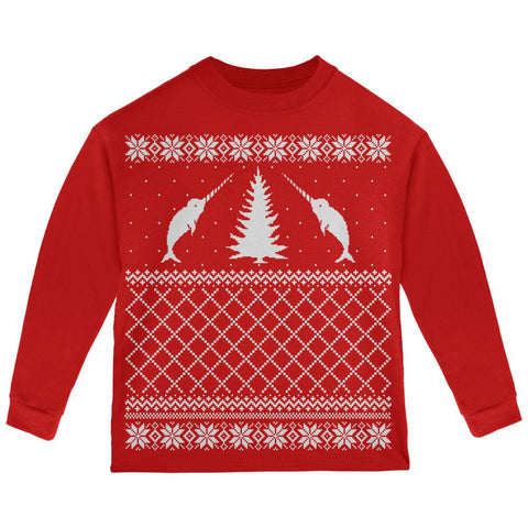 Narwhal Ugly Christmas Sweater Red Toddler Long Sleeve T-Shirt