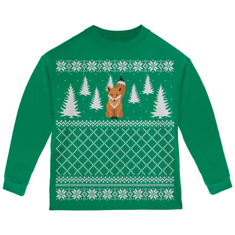 Fox Ugly Christmas Sweater Green Toddler Long Sleeve T-Shirt