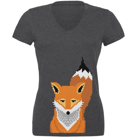 Winter Pixelated Fox Dark Heather Juniors V-Neck T-Shirt