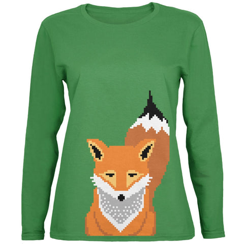 Winter Pixelated Fox Green Womens Long Sleeve T-Shirt
