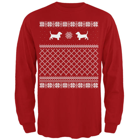 Basset Ugly Christmas Sweater Red Adult Long Sleeve T-Shirt