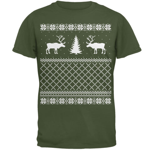 Reindeer Caribou Ugly Christmas Sweater Military Green Adult T-Shirt