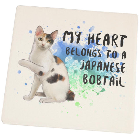 My Heart Belongs Japanese Bobtail Cat Set of 4 Square Sandstone Coasters