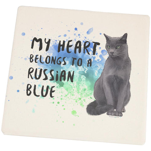 My Heart Belongs Russian Blue Cat Square Sandstone Coaster