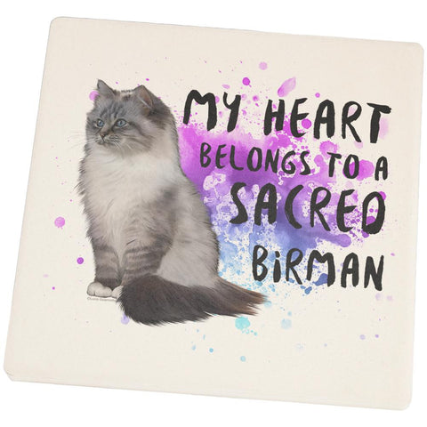 My Heart Belongs Sacred Birman Cat Square Sandstone Coaster