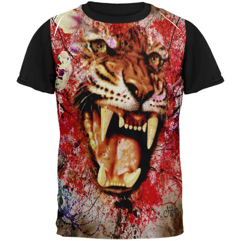 Painted Angry Tiger Adult Black Back T-Shirt