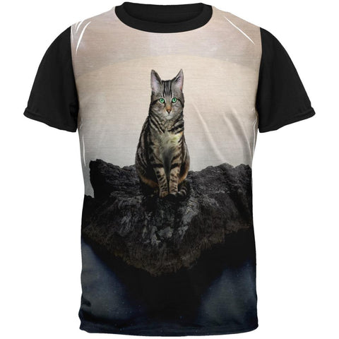 Zen Cat on a Rock Adult Black Back T-Shirt