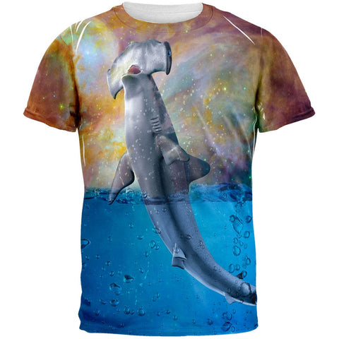 Hammerhead Space Shark Breaching All Over Adult T-Shirt