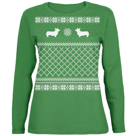 Corgi Ugly Christmas Sweater Green Womens Long Sleeve T-Shirt