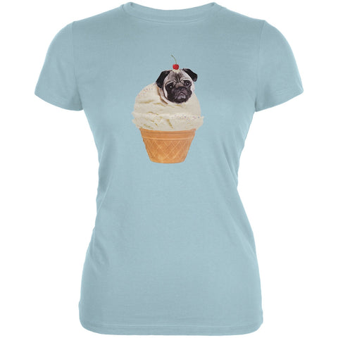 Ice Cream Cone Pug Light Aqua Juniors Soft T-Shirt