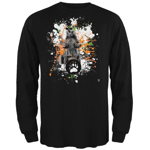 Bear Drummer Splatter Black Adult Long Sleeve T-Shirt