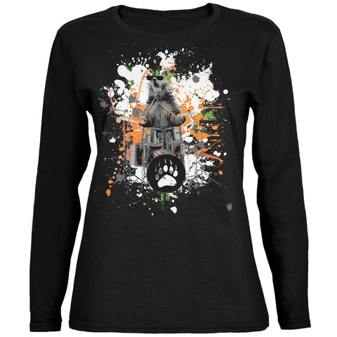 Bear Drummer Splatter Black Womens Long Sleeve T-Shirt