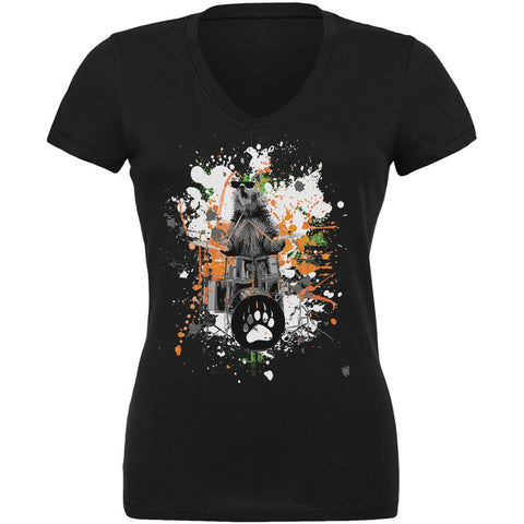 Bear Drummer Splatter Black Juniors V-Neck T-Shirt