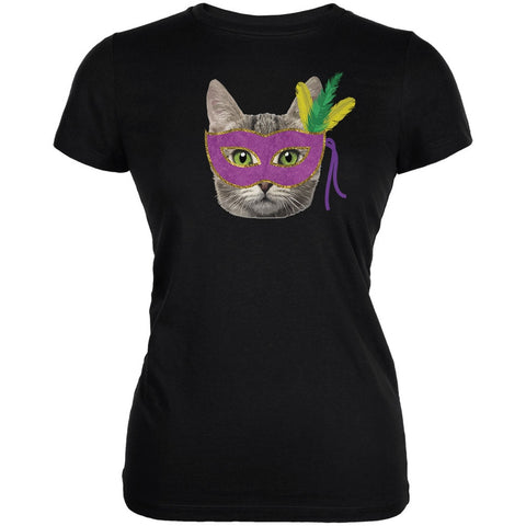 Mardi Gras Mask Funny Cat Black Juniors Soft T-Shirt