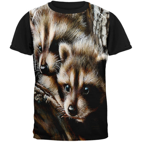 Baby Raccoons Tight Fit Adult Black Back T-Shirt
