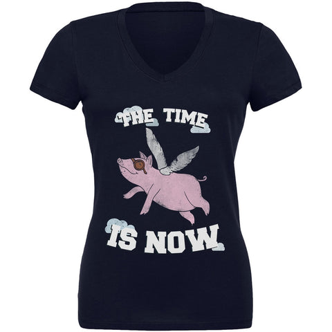 When Pigs Fly The Time Is Now Navy Juniors V-Neck T-Shirt