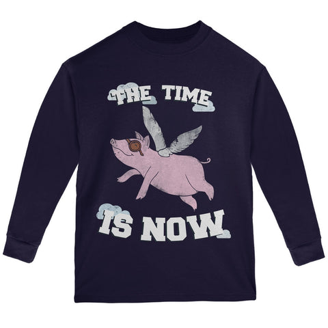 When Pigs Fly The Time Is Now Navy Youth Long Sleeve T-Shirt