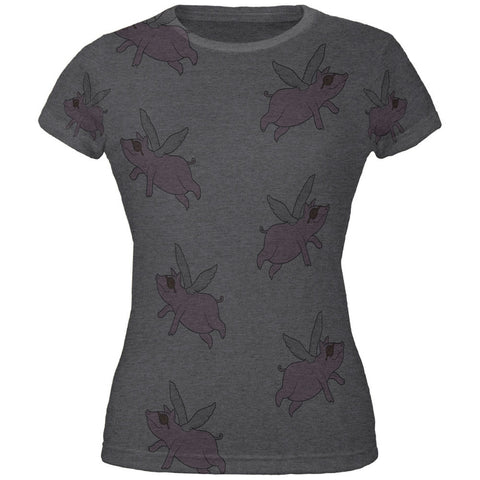 Flying Pigs All Over Dark Heather Juniors Soft T-Shirt