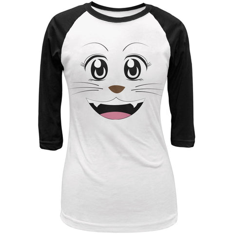 Anime Cat Face Neko White-Black Juniors 3/4 Sleeve Raglan T-Shirt