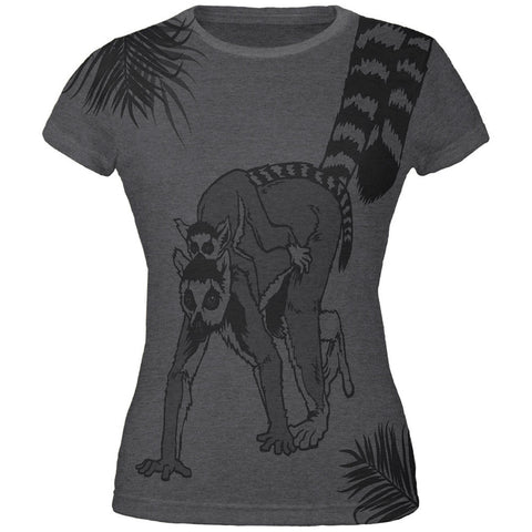 Ring Tailed Lemur Palm All Over Dark Heather Juniors Soft T-Shirt