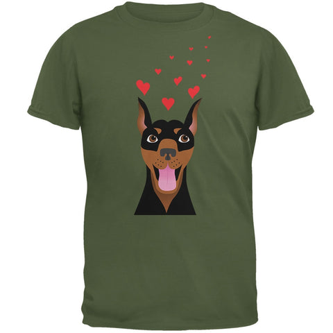 Valentine's Day Doberman Dog Love Hearts Military Green Adult T-Shirt