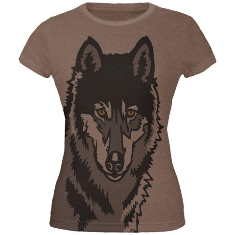Wolf Face All Over Heather Brown Juniors Soft T-Shirt
