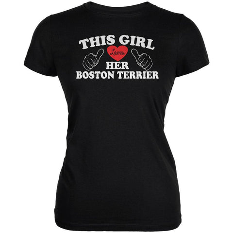 Valentines This Girl Loves Her Boston Terrier Black Juniors Soft T-Shirt