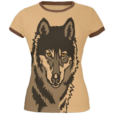 Wolf Face All Over Tan-Brown Juniors Soft Ringer T-Shirt