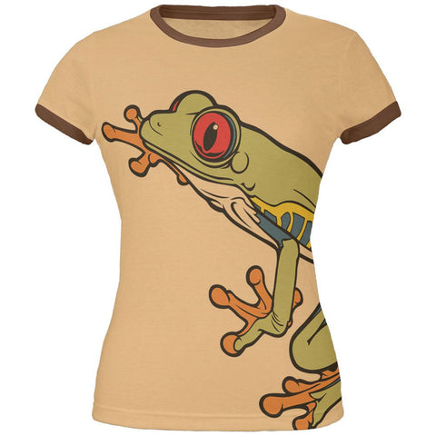 Big Tree Frog All Over Tan-Brown Juniors Soft Ringer T-Shirt