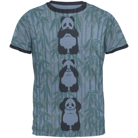 Panda No Evil All Over Heather Blue-Navy Men's Ringer T-Shirt
