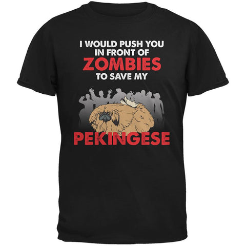 I Would Push You Zombies Pekingese Black Adult T-Shirt