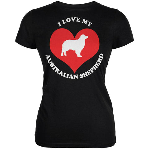 Valentines I Love My Australian Shepherd Black Juniors Soft T-Shirt