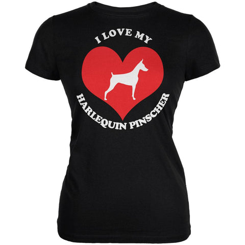 Valentines I Love My Harlequin Pinscher Black Juniors Soft T-Shirt