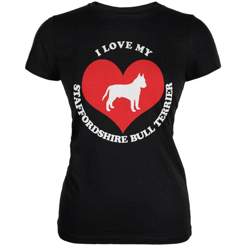 Valentines I Love My Staffordshire Bull Terrier Black Juniors Soft T-Shirt